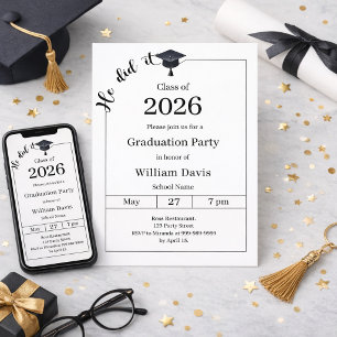 Invitation Fête de fin d'études noir blanc Il a réussi