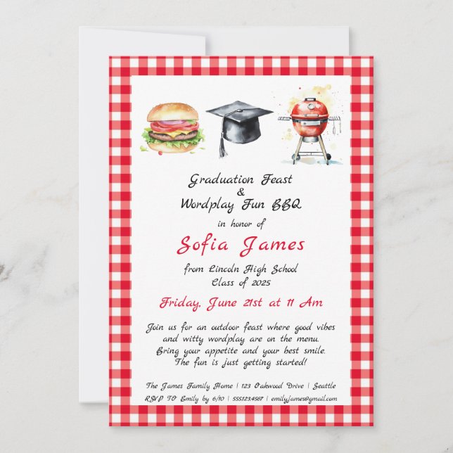 Invitation Fête de fin d'études & Party BBQ Fun avec jeux de  (Devant)