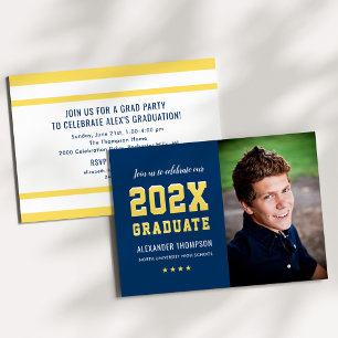 Invitation Fête de fin d'études Photo Diplômé 2026 Navy Jaune