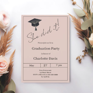 Invitation Fête de fin d'études rose blush neutre Elle a réus