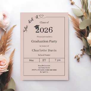 Invitation Fête de fin d'études rose poudré neutre Elle a réu