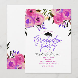 Invitation Fête de fin d'études Rose Violet Floral Moderne Lu