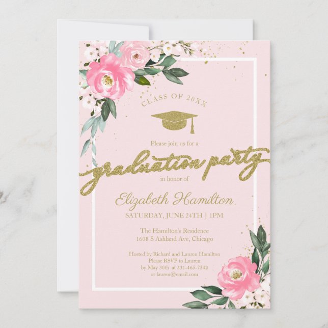 Invitation Fête de fin d'études secondaires Hot rose Floral (Devant)