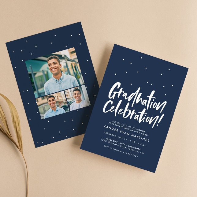 Invitation Fête de fin d'études trois photo fun navy confetti (Créateur téléchargé)