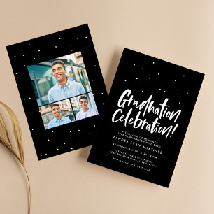 Invitation Fête de fin d'études trois photo noir blanc confet