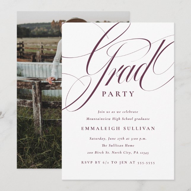 Invitation Fête de fin d'études violet écriture fantaisie (Devant / Derrière)