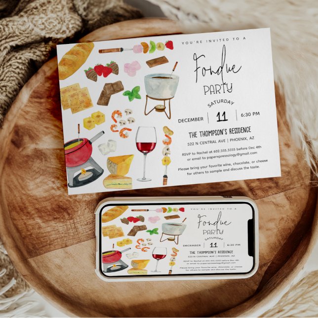 Invitation Fête de Fondue Vin Fromage Dîner de Fête Toute Occ (Créateur téléchargé)