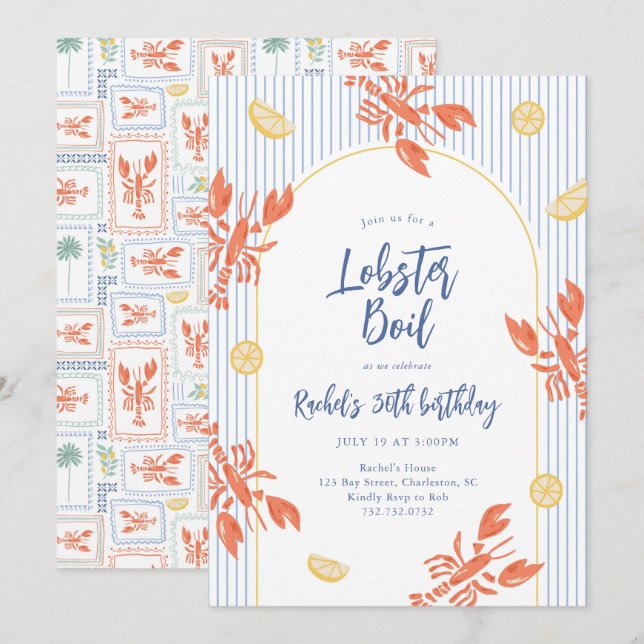 Invitation Fête de fruits de mer Lobster Boil Rayures Prépa  (Devant / Derrière)