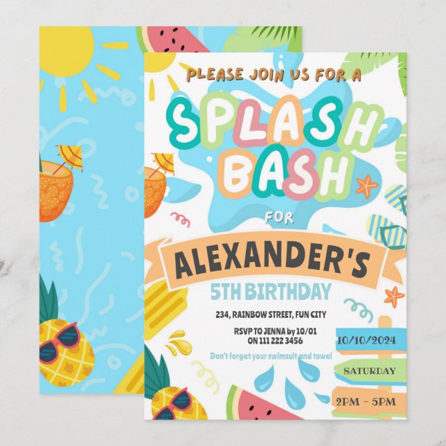 Invitation Fête de garçon de Bash de piscine d'éclaboussure d (Devant / Derrière)