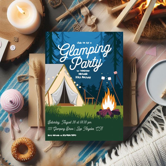 Invitation Fête de Glamping au coin du feu et tente cosy (Cozy Campfire and Tent Glamping Party Invitation)