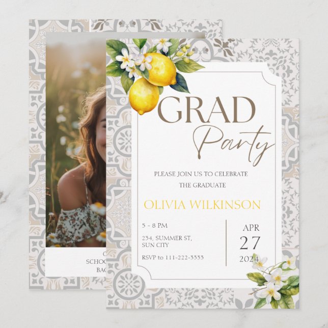 Invitation Fête de graduation au citron italien beige méditer (Devant / Derrière)