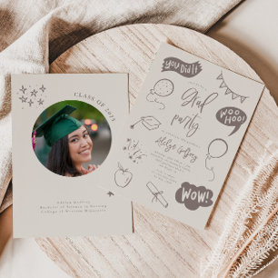 Invitation Fête de graduation Beige Quirky Dessinée À La Main