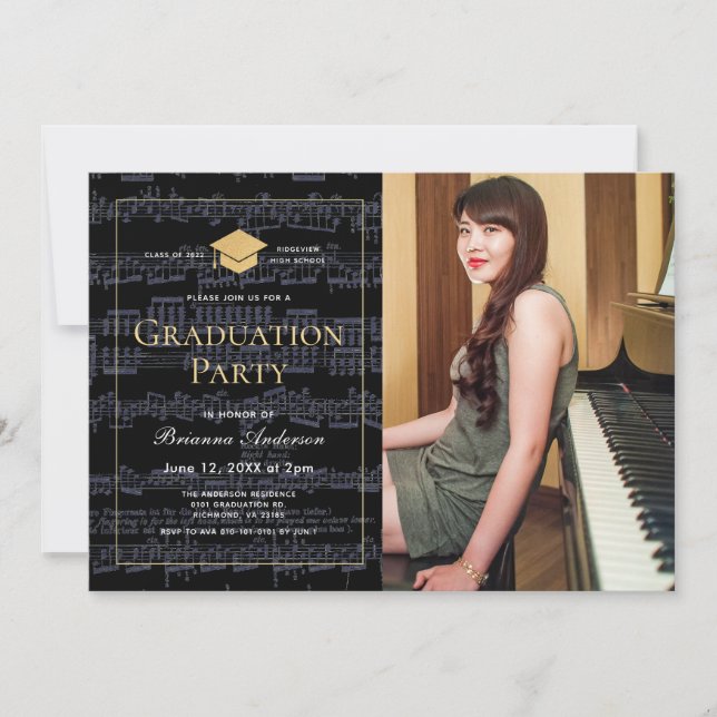 Invitation Fête de graduation Black & Gold de la musique de f (Devant)