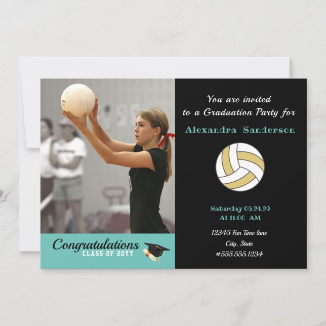 Invitation Fête de graduation Black White et Golden Volleybal (Devant)