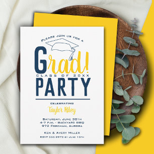 Invitation Fête de graduation bleu et jaune