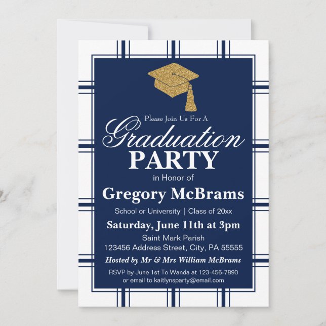 Invitation Fête de graduation Blue Stripe moderne (Devant)