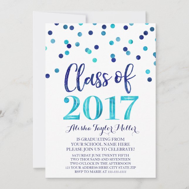 Invitation Fête de graduation Blue Watercolor Confetti (Devant)