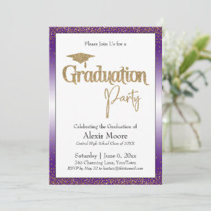 Invitation Fête de Graduation Bright Purple Ombre Gold Confet