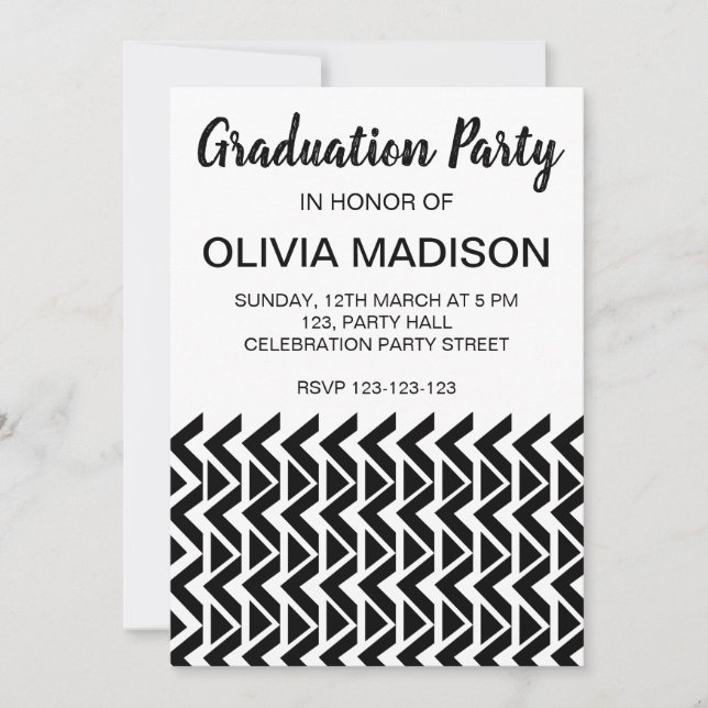 Invitation Fête de graduation Chevron noir et blanc (Devant)