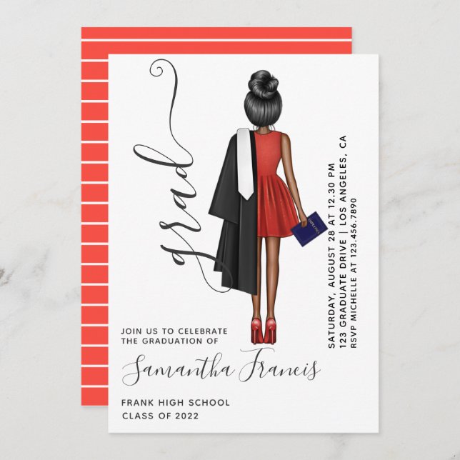 Invitation Fête de graduation de filles rouges et blanches (Devant / Derrière)