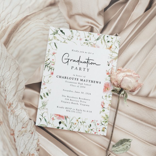 Invitation Fête de graduation de Fleur sauvage de cadre rose  (Créateur téléchargé)