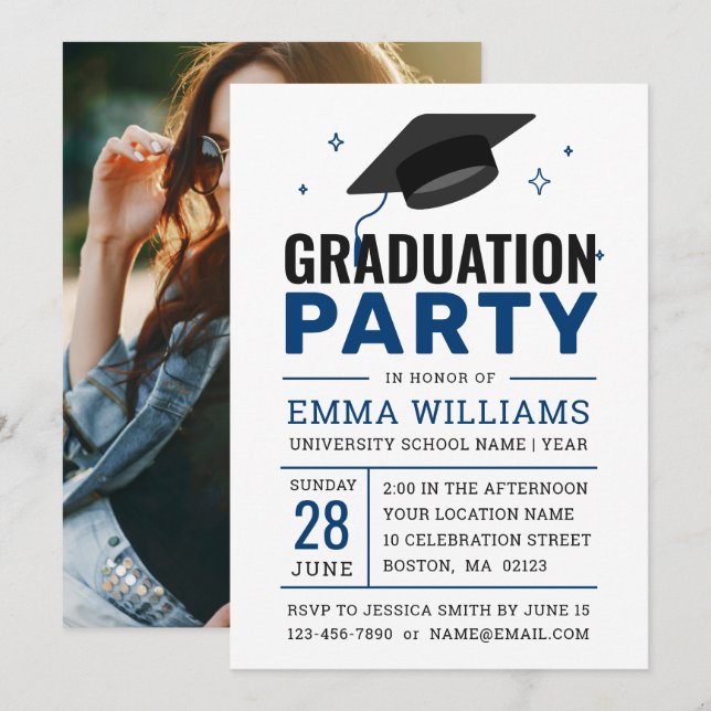 Invitation Fête de graduation de la photo en bleu gras modern (Devant / Derrière)