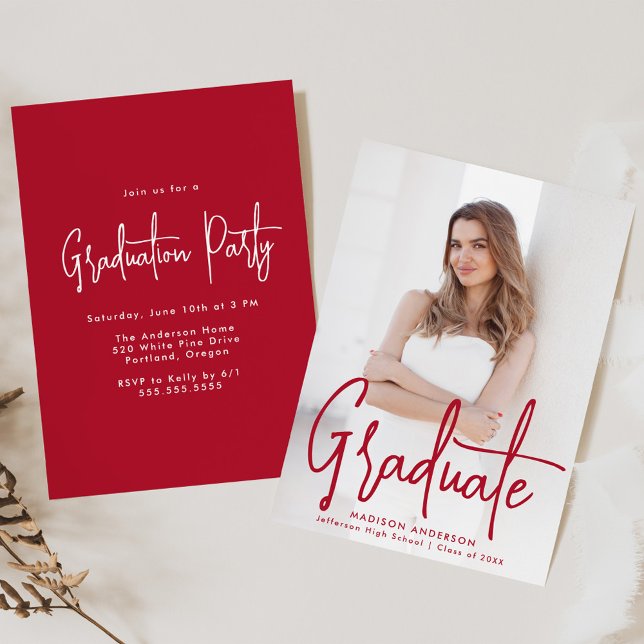 Invitation Fête de graduation de la photo manuscrite Red Scri (Créateur téléchargé)