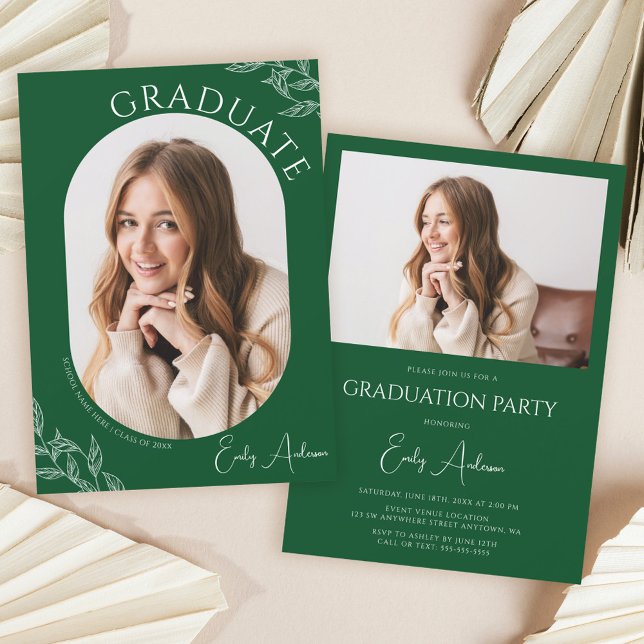 Invitation Fête de Graduation de la photo moderne Leaf Green  (Créateur téléchargé)