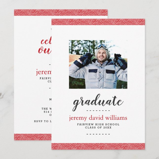 Invitation Fête de graduation de la photo moderne rouge et gr (Devant / Derrière)