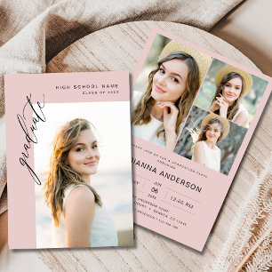 Invitation Fête de graduation de la photo rose moderne et élé