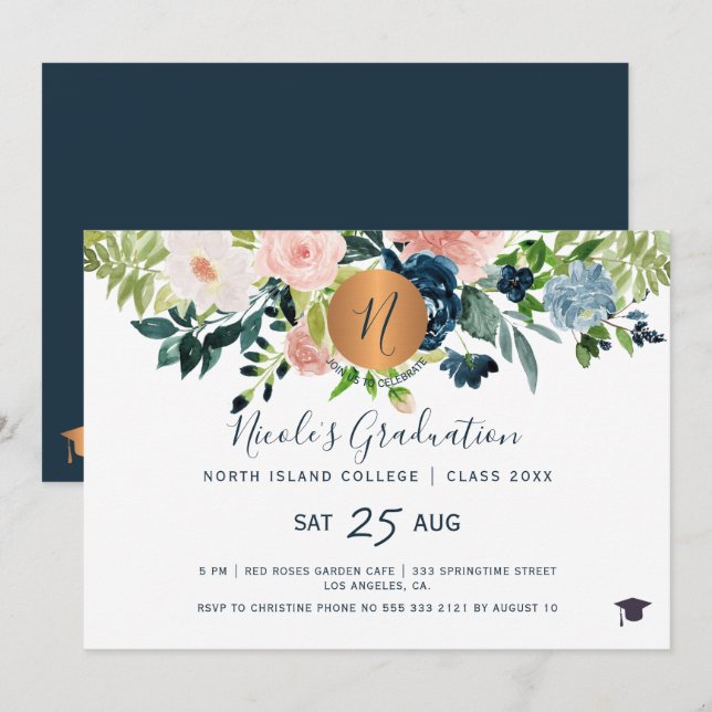 Invitation Fête de graduation de marine florale moderne (Devant / Derrière)