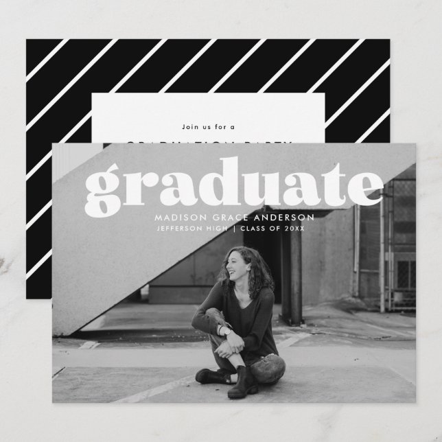 Invitation Fête de graduation de photo moderne Gras blanc sup (Devant / Derrière)
