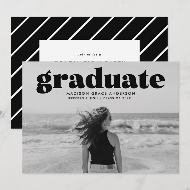 Invitation Fête de graduation de photos en noir gras moderne (Devant / Derrière)
