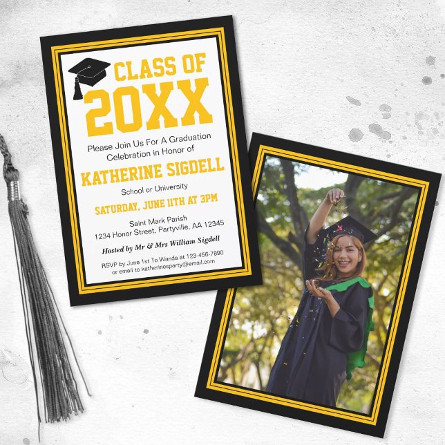 Invitation Fête de graduation de photos noir et or (Créateur téléchargé)