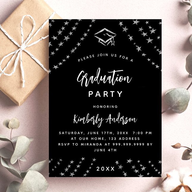 Invitation Fête de graduation des étoiles d'argent noir moder (Créateur téléchargé)
