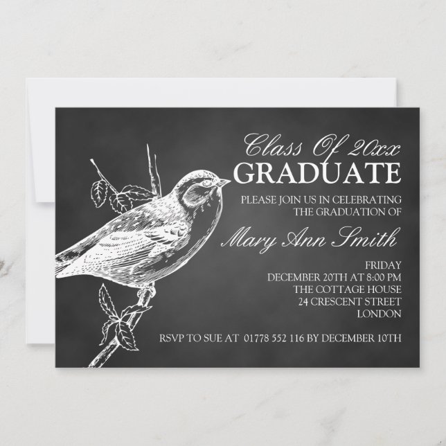 Invitation Fête de graduation des oiseaux en tableau noir (Devant)
