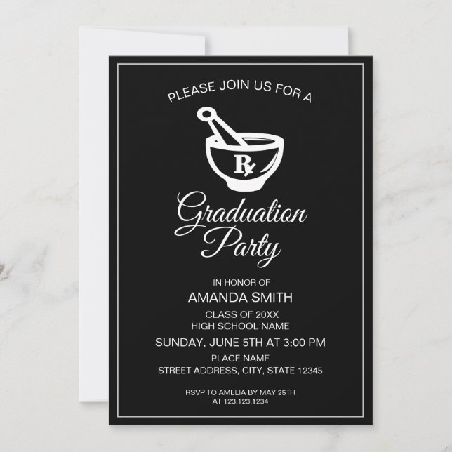 Invitation Fête de graduation des pharmaciens noirs et blancs (Devant)