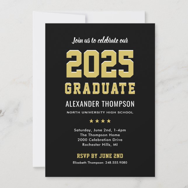 Invitation Fête de graduation d'or noir moderne 2023 (Devant)