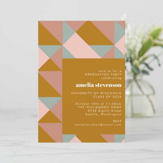 Invitation Fête de graduation d'or Turquoise Blush Géométriqu (Debout devant)