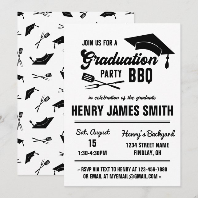 Invitation Fête de graduation du barbecue noir moderne (Devant / Derrière)