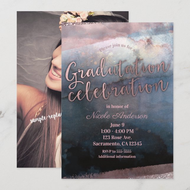 Invitation Fête de graduation en aquarelle moderne photo comp (Devant / Derrière)