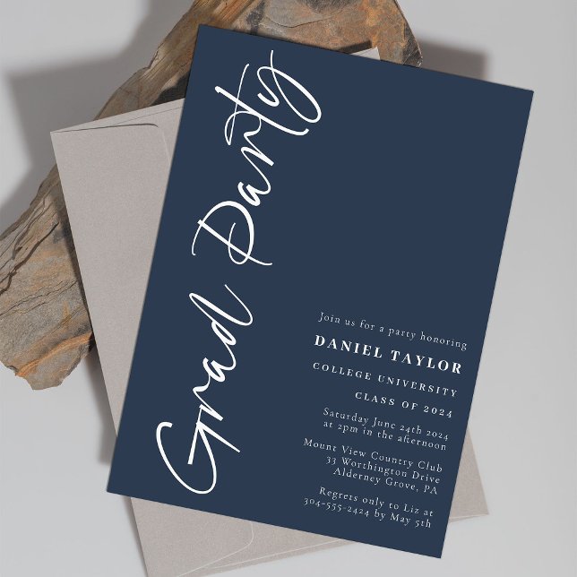 Invitation Fête de graduation en bleu de script moderne (Créateur téléchargé)