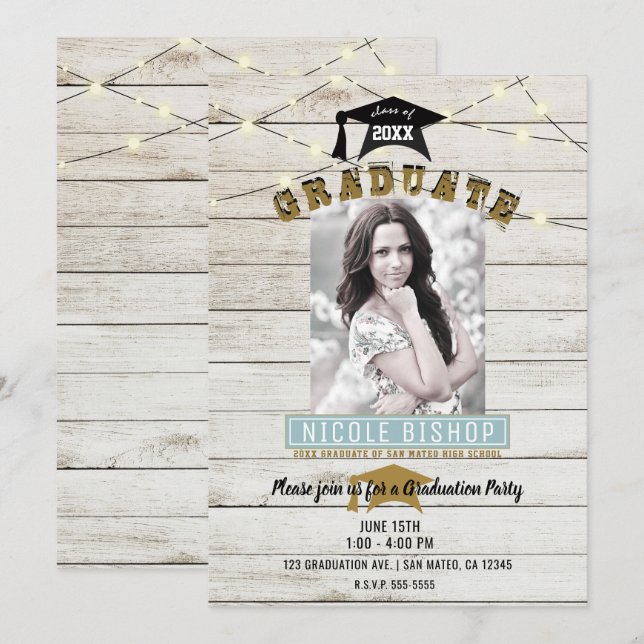 Invitation Fête de graduation en dentelle de bois blanc (Devant / Derrière)