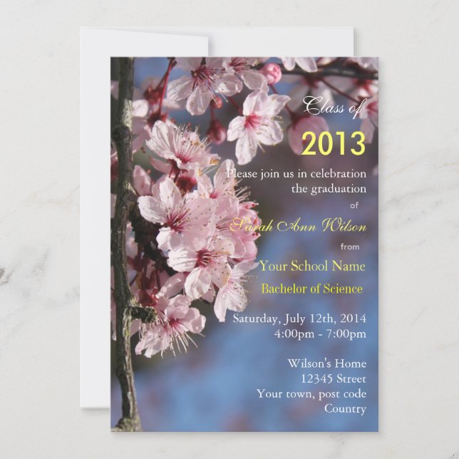 Invitation Fête de graduation en fleurs de cerisier rose (Devant)