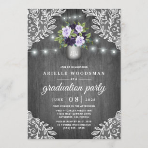 Invitation Fête de graduation en floral gris argenté violet