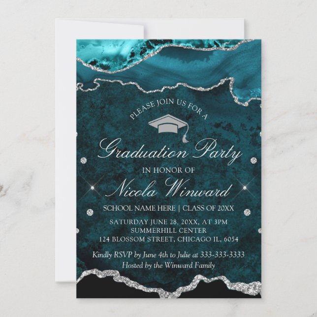 Invitation Fête de graduation en marbre Turquoise moderne (Devant)