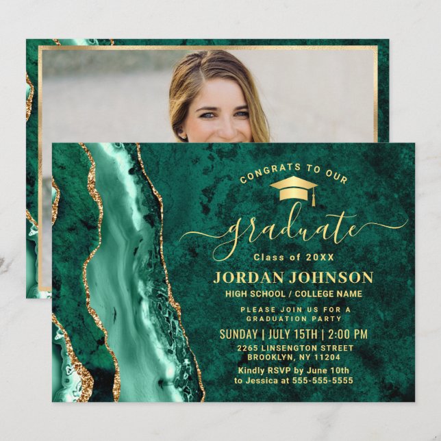 Invitation Fête de graduation en marbre vert émérite d'or mod (Devant / Derrière)