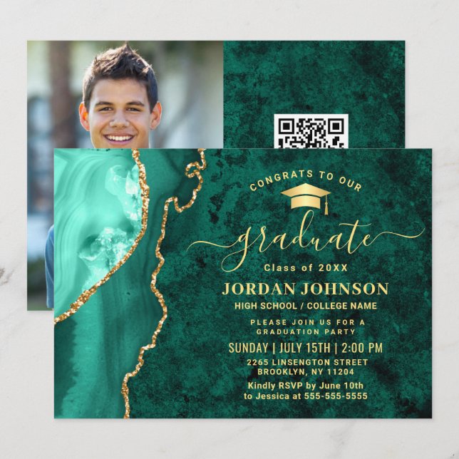 Invitation Fête de graduation en marbre vert émérite d'or mod (Devant / Derrière)