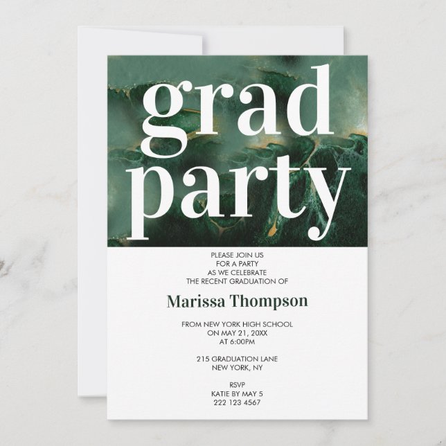 Invitation Fête de graduation en marbre vert moderne (Devant)
