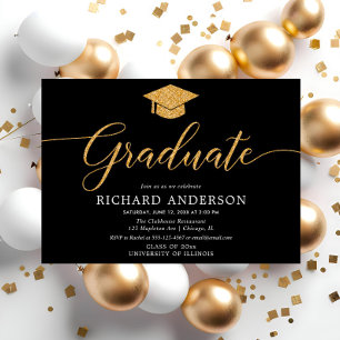 Invitation Fête de graduation en noir et or simple